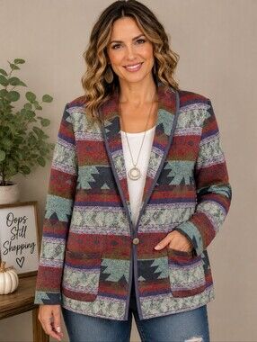 Julia Klein Southwestern Geometric Print Jacket Blazer Size L A274